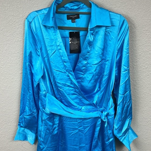 NWT TAHARI ASL Collared Midi Dress In Blue Faux Wrap Long Sleeve Sz 8 - Picture 4 of 14